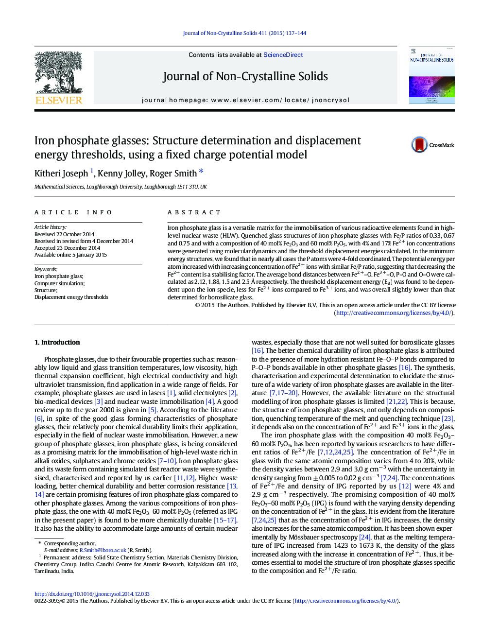 Iron phosphate glasses: Structure determination and displacement energy thresholds, using a fixed charge potential model