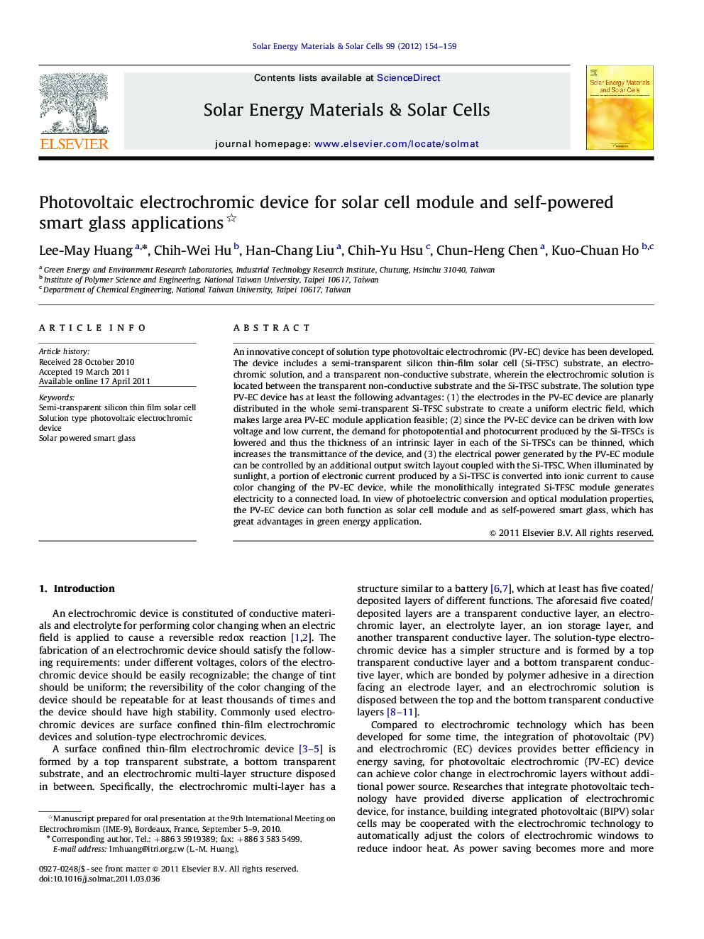 Photovoltaic electrochromic device for solar cell module and self-powered smart glass applications 