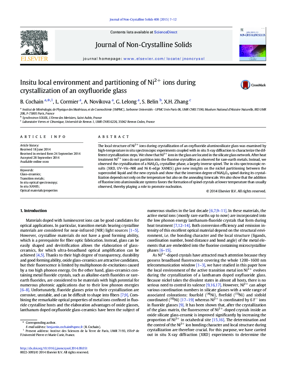عکس صفحه اول مقاله: In situ local environment and partitioning of Ni2+ ions during crystallization of an oxyfluoride glass In situ local environment and partitioning of Ni2+ ions during crystallization of an oxyfluoride glass