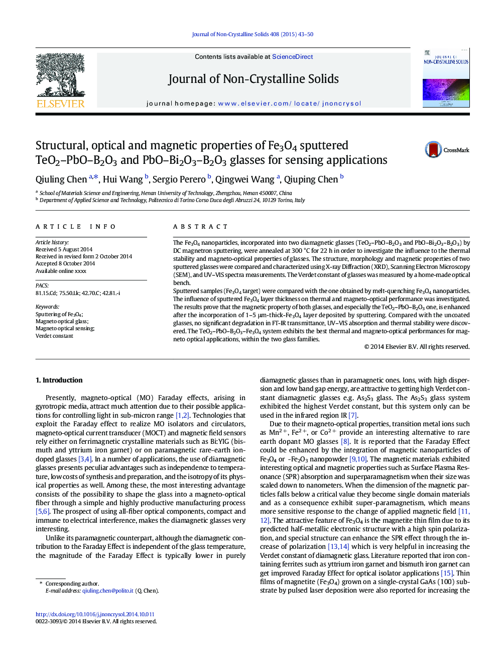 Structural, optical and magnetic properties of Fe3O4 sputtered TeO2-PbO-B2O3 and PbO-Bi2O3-B2O3 glasses for sensing applications