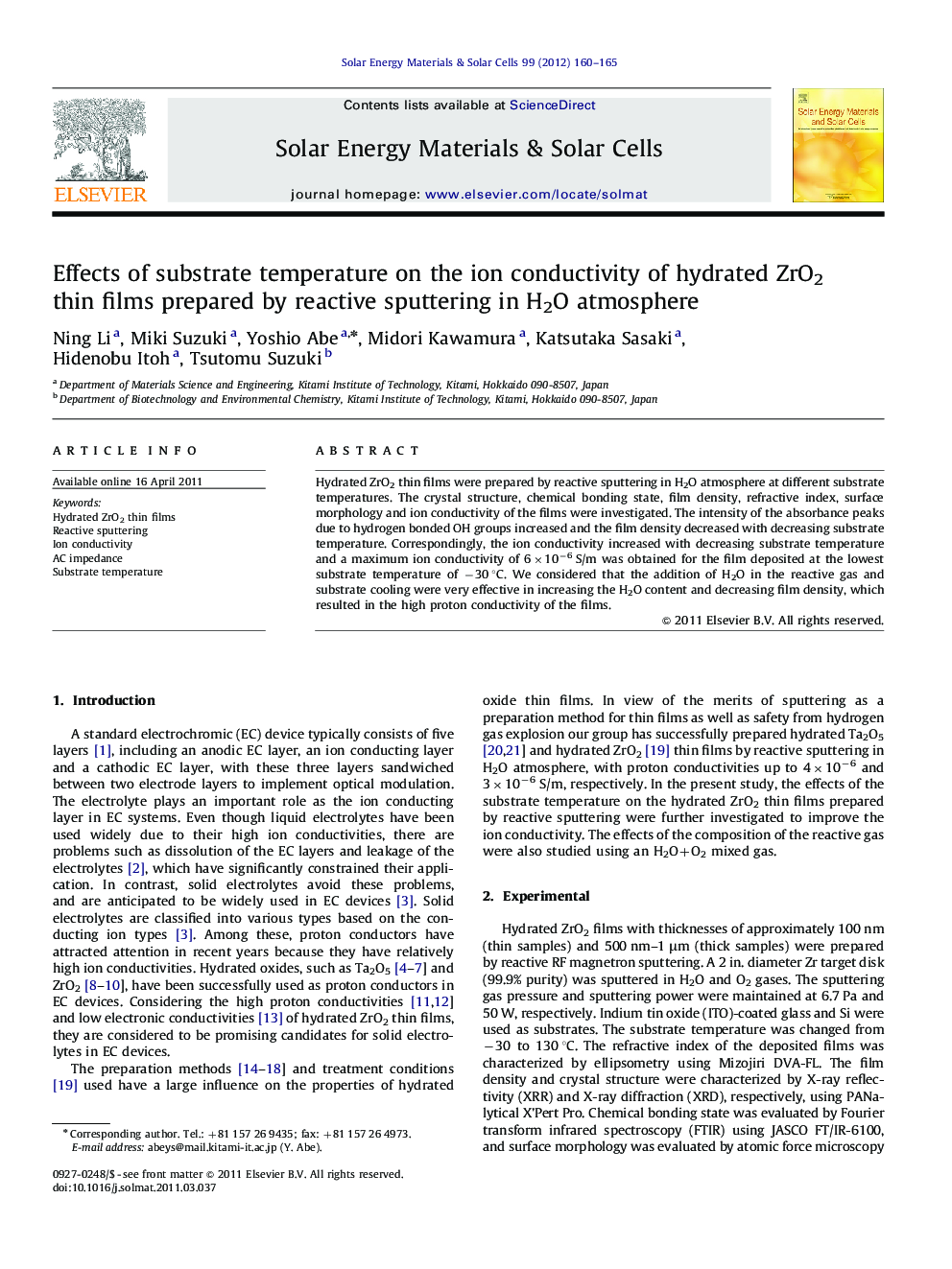 Effects of substrate temperature on the ion conductivity of hydrated ZrO2 thin films prepared by reactive sputtering in H2O atmosphere