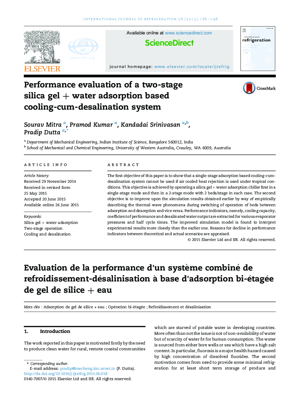 Performance evaluation of a two-stage silica gel + water adsorption based cooling-cum-desalination system