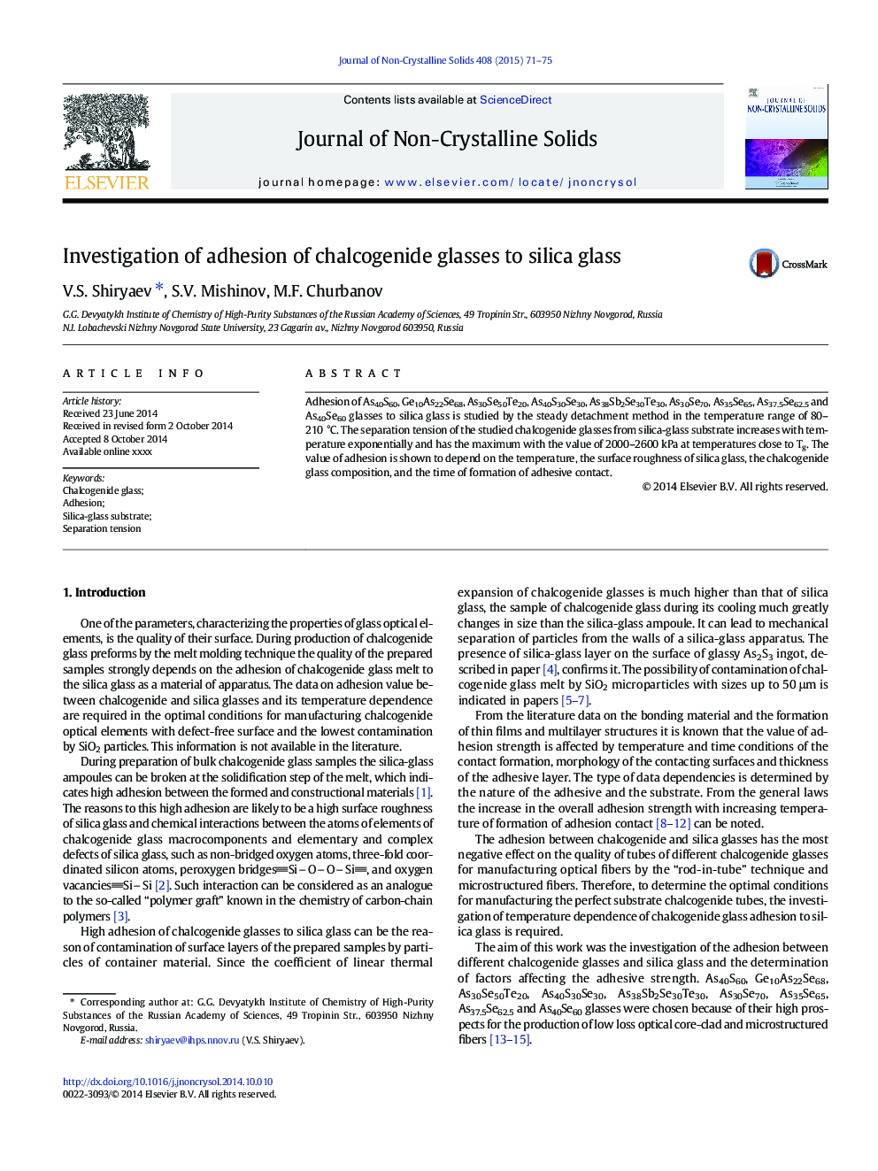 Investigation of adhesion of chalcogenide glasses to silica glass
