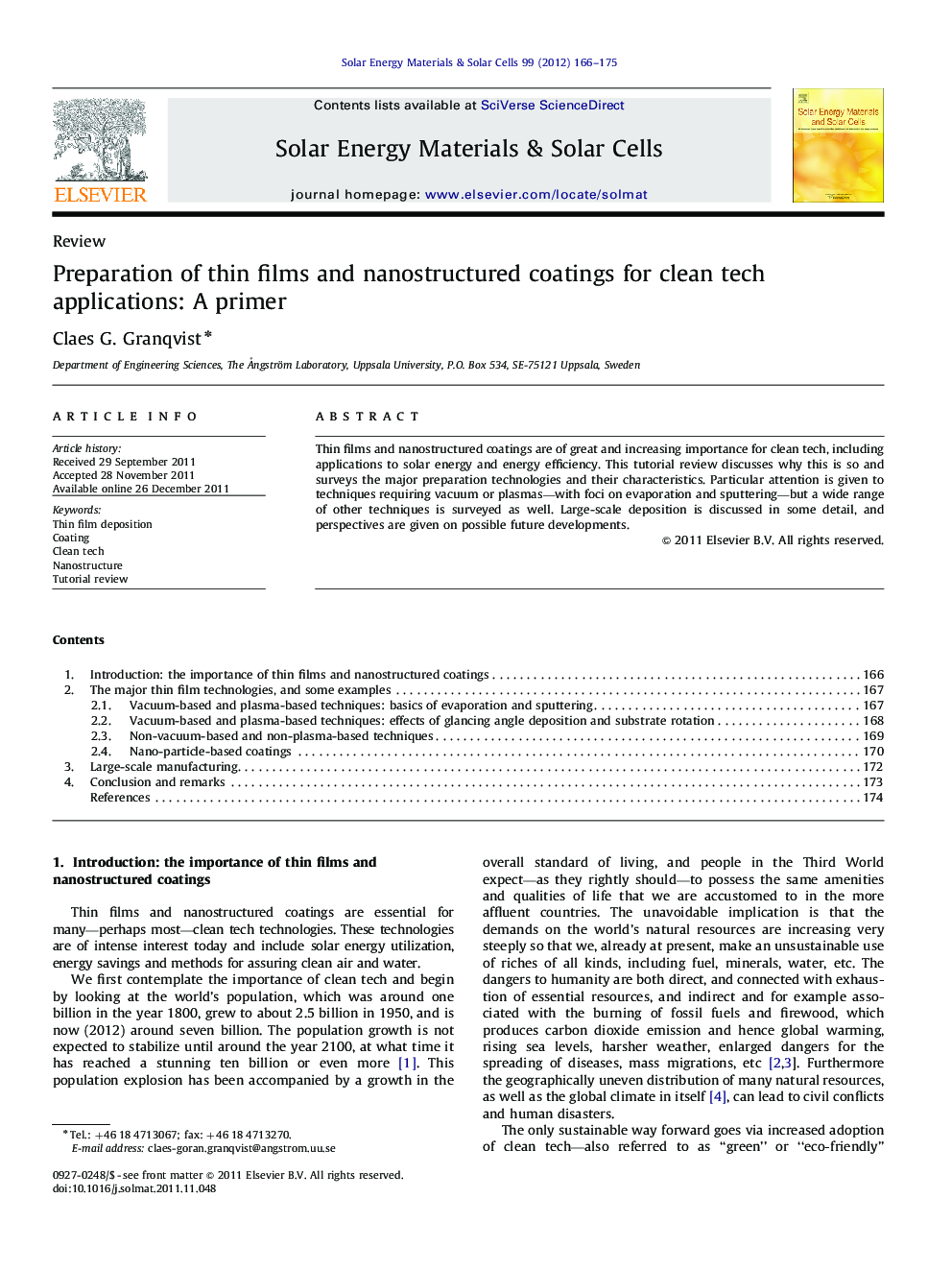 Preparation of thin films and nanostructured coatings for clean tech applications: A primer