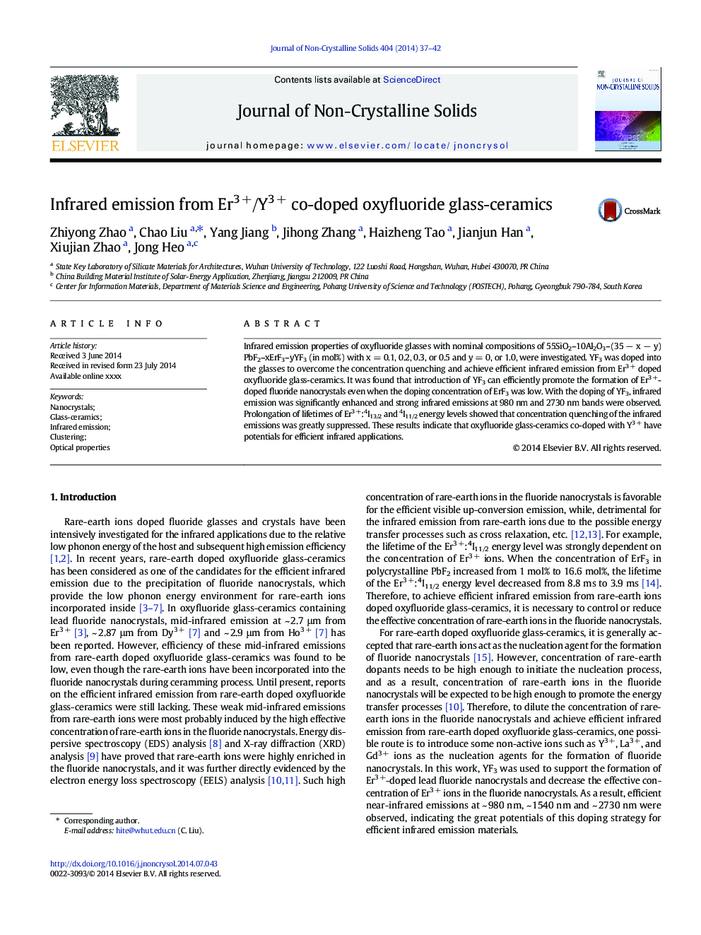 Infrared emission from Er3Â +/Y3Â + co-doped oxyfluoride glass-ceramics