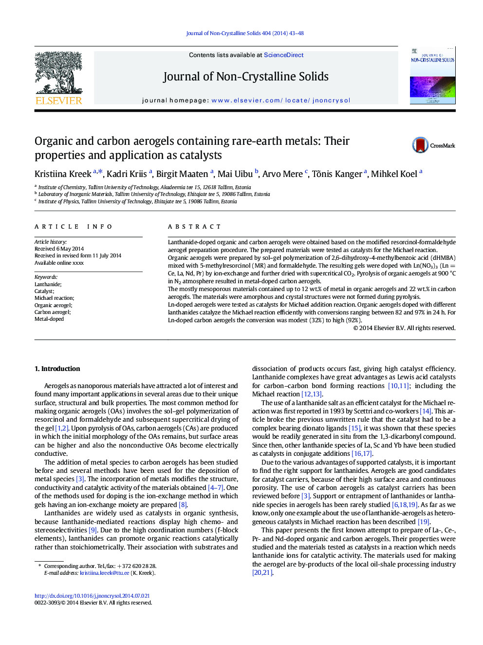 Organic and carbon aerogels containing rare-earth metals: Their properties and application as catalysts