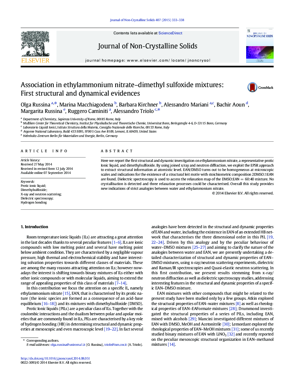 انجمن در مخلوط اتیل آمونیوم نیترات-دی متیل سولفوکسید: اولین شواهد ساختاری و دینامیکی 
