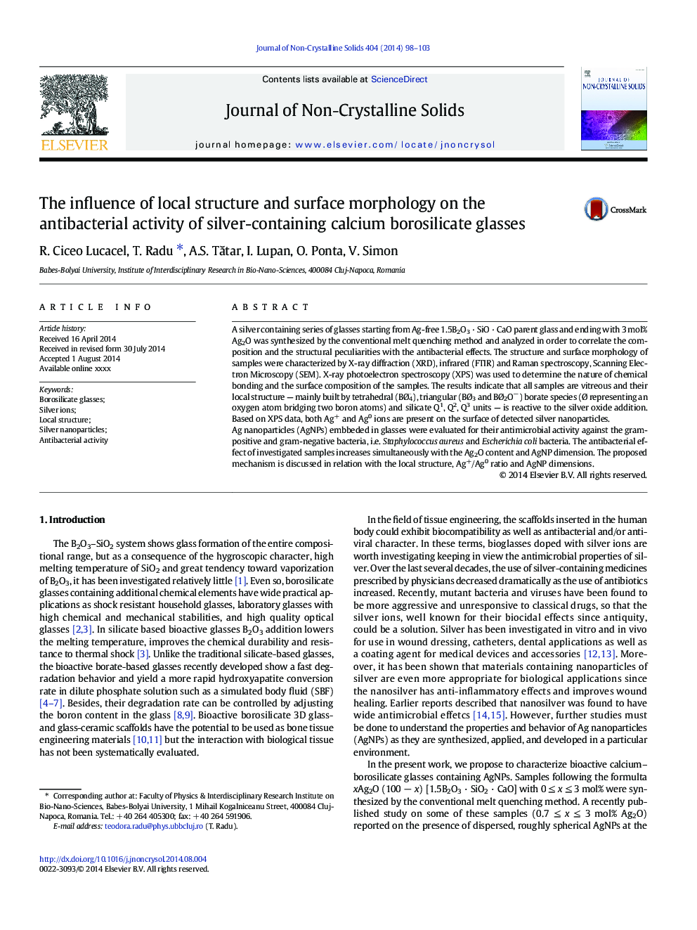 تأثیر ساختار محلی و مورفولوژی سطح بر روی فعالیت ضد باکتری لیفت بورسیلیکات کلسیم حاوی نقره 
