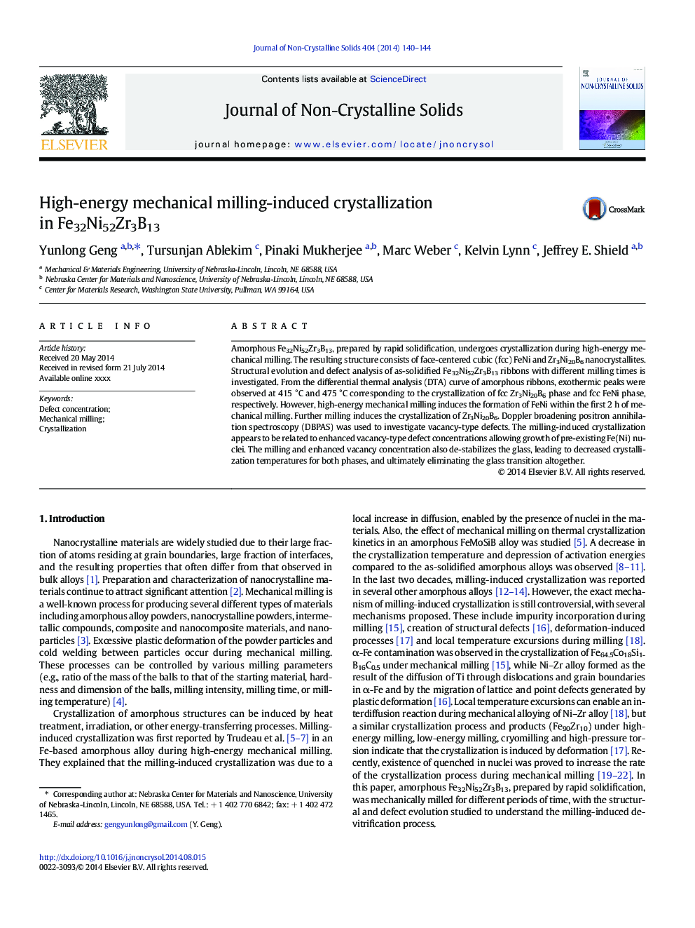 High-energy mechanical milling-induced crystallization in Fe32Ni52Zr3B13