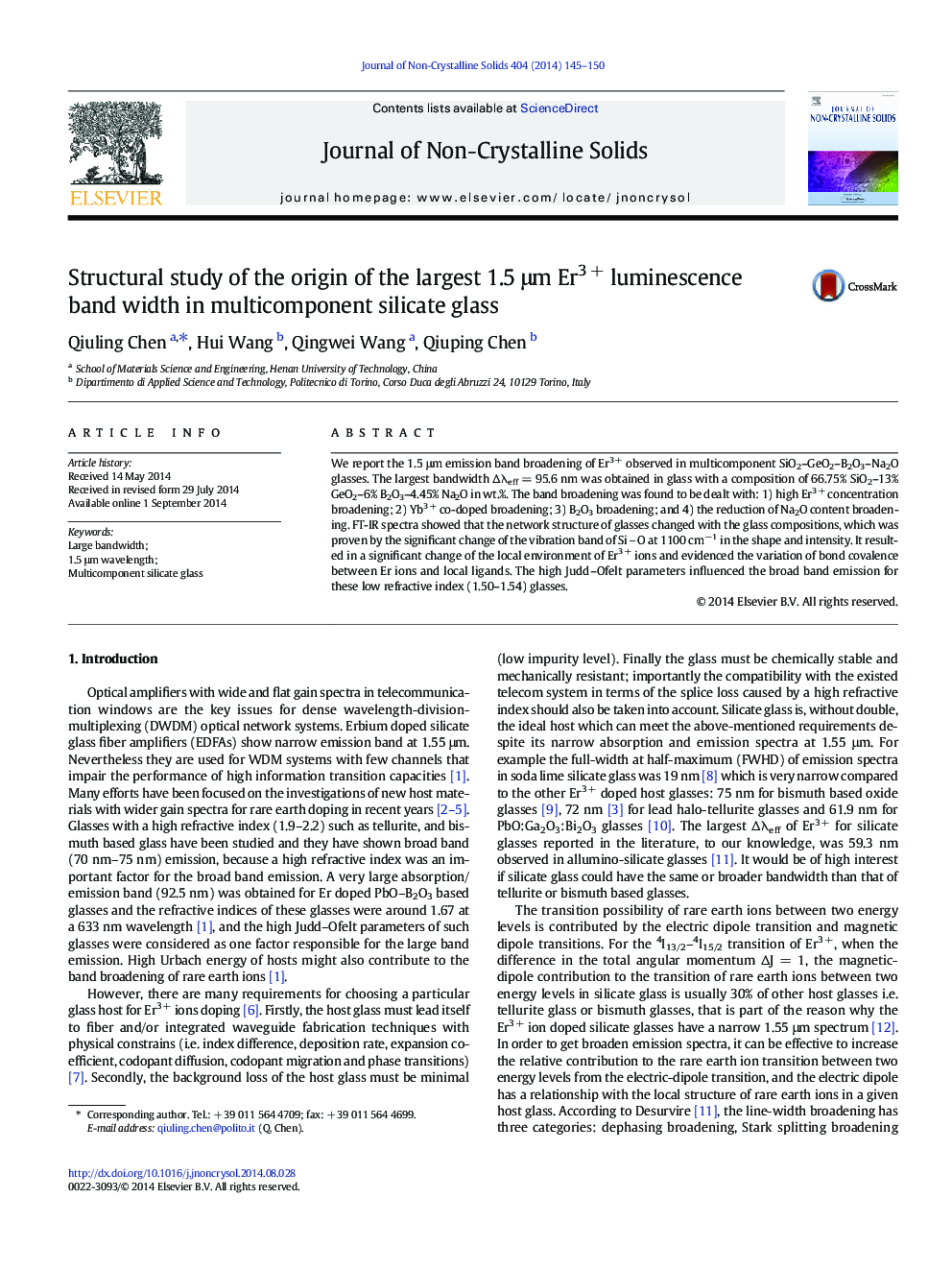 Structural study of the origin of the largest 1.5Â Î¼m Er3Â + luminescence band width in multicomponent silicate glass