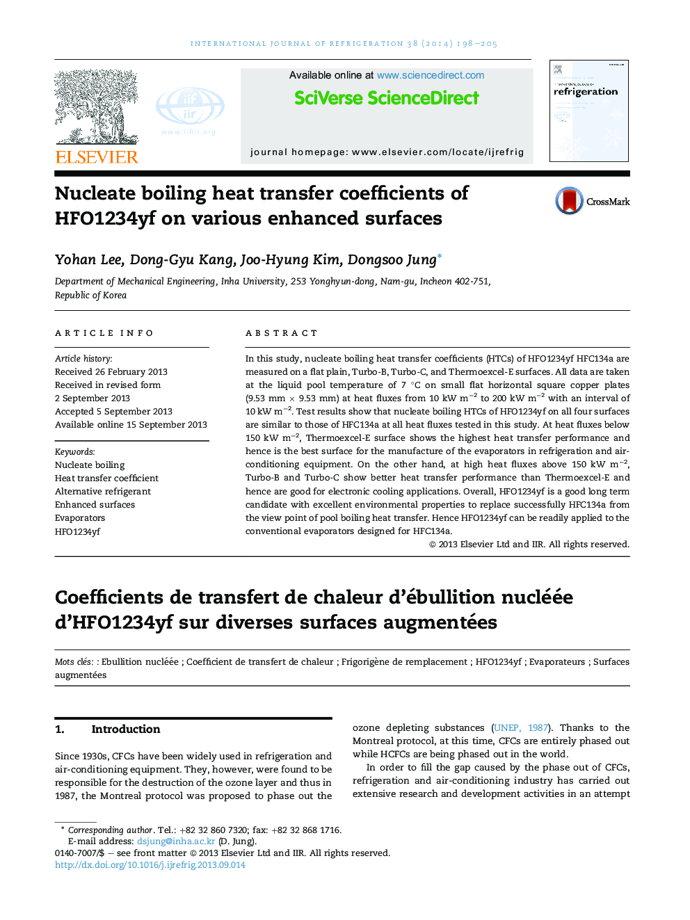 Nucleate boiling heat transfer coefficients of HFO1234yf on various enhanced surfaces
