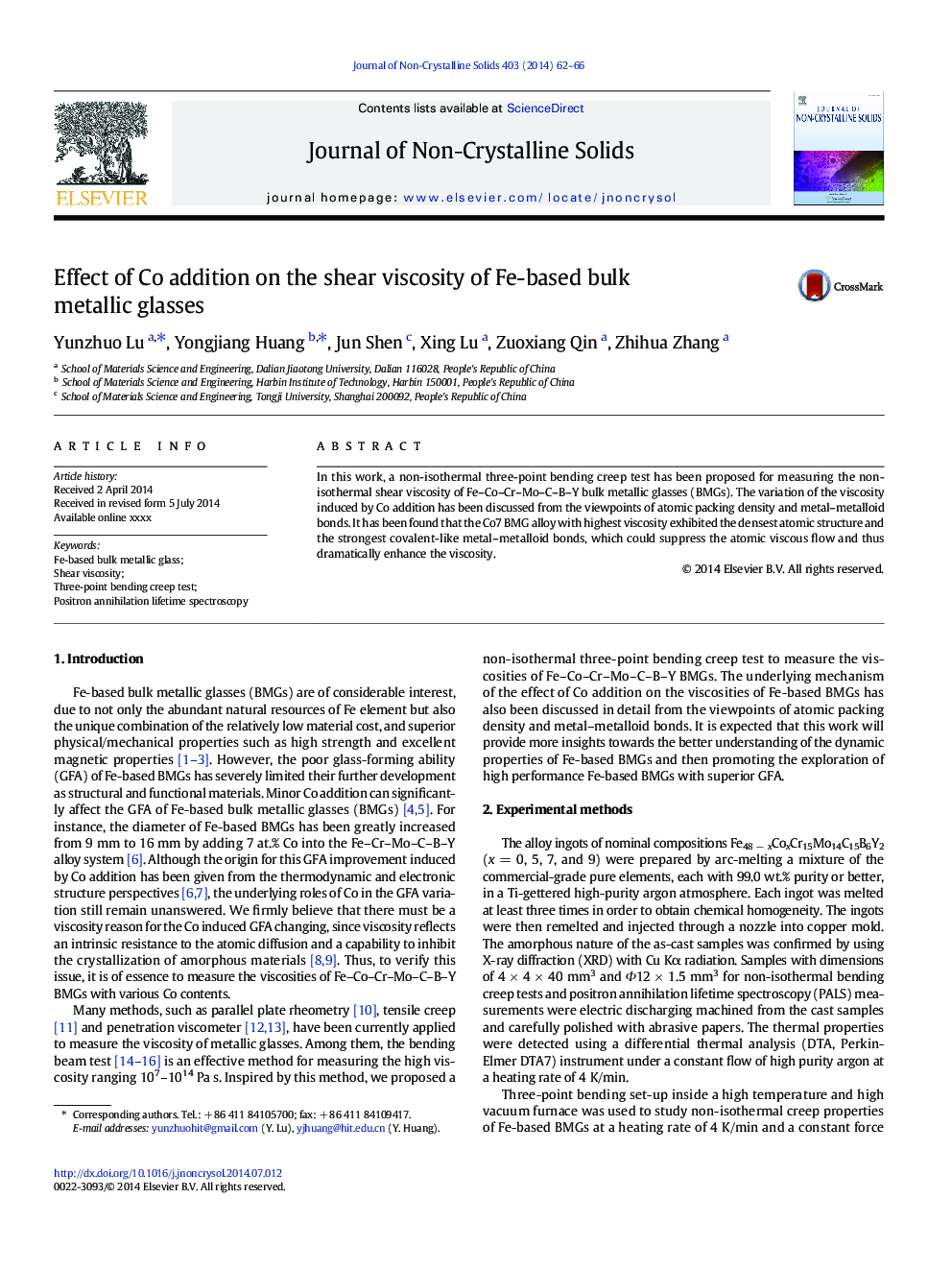 Effect of Co addition on the shear viscosity of Fe-based bulk metallic glasses