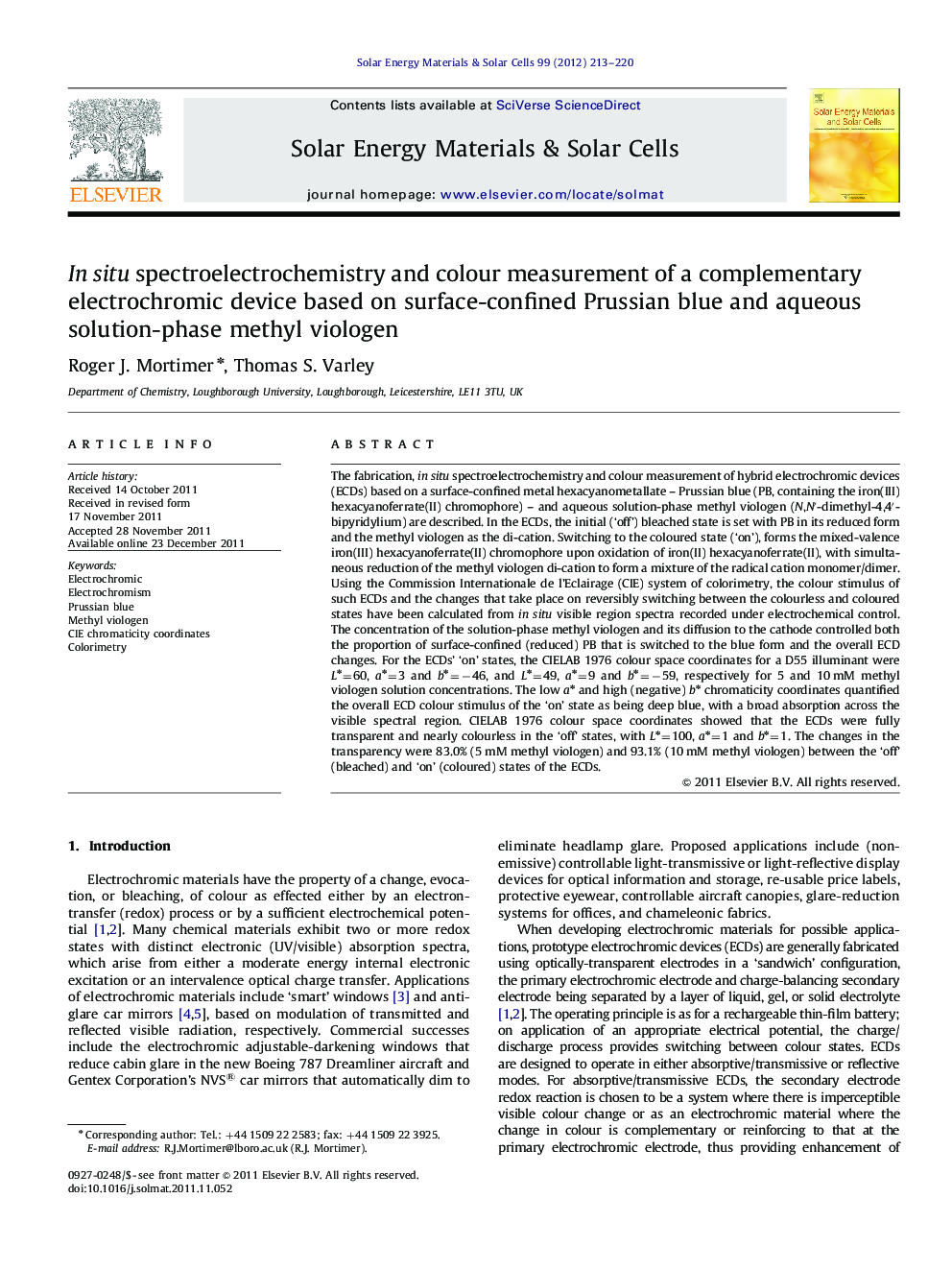 In situ spectroelectrochemistry and colour measurement of a complementary electrochromic device based on surface-confined Prussian blue and aqueous solution-phase methyl viologen