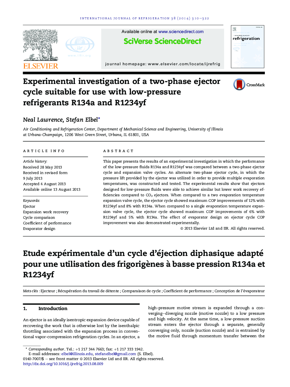 Experimental investigation of a two-phase ejector cycle suitable for use with low-pressure refrigerants R134a and R1234yf