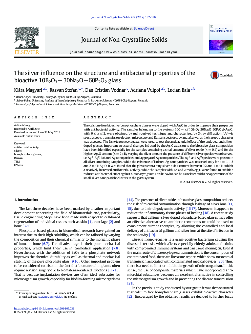 عکس صفحه اول مقاله: The silver influence on the structure and antibacterial properties of the bioactive 10B2O3â 30Na2Oâ60P2O2 glass The silver influence on the structure and antibacterial properties of the bioactive 10B2O3â 30Na2Oâ60P2O2 glass