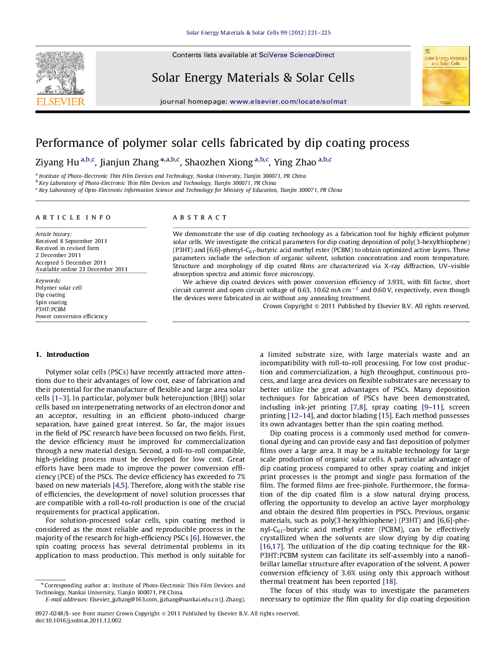 Performance of polymer solar cells fabricated by dip coating process