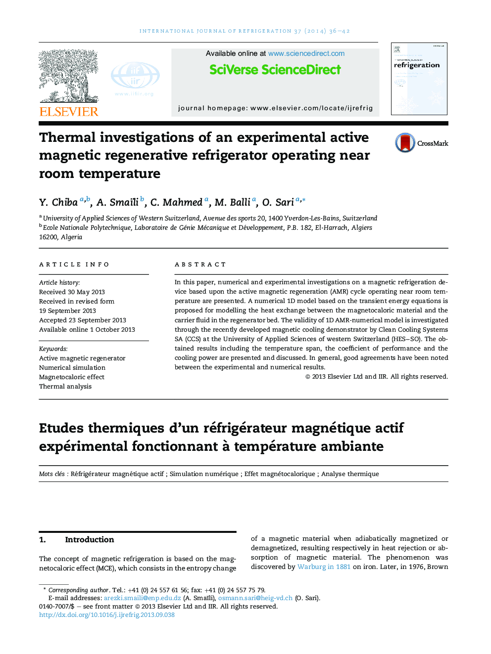 Thermal investigations of an experimental active magnetic regenerative refrigerator operating near room temperature