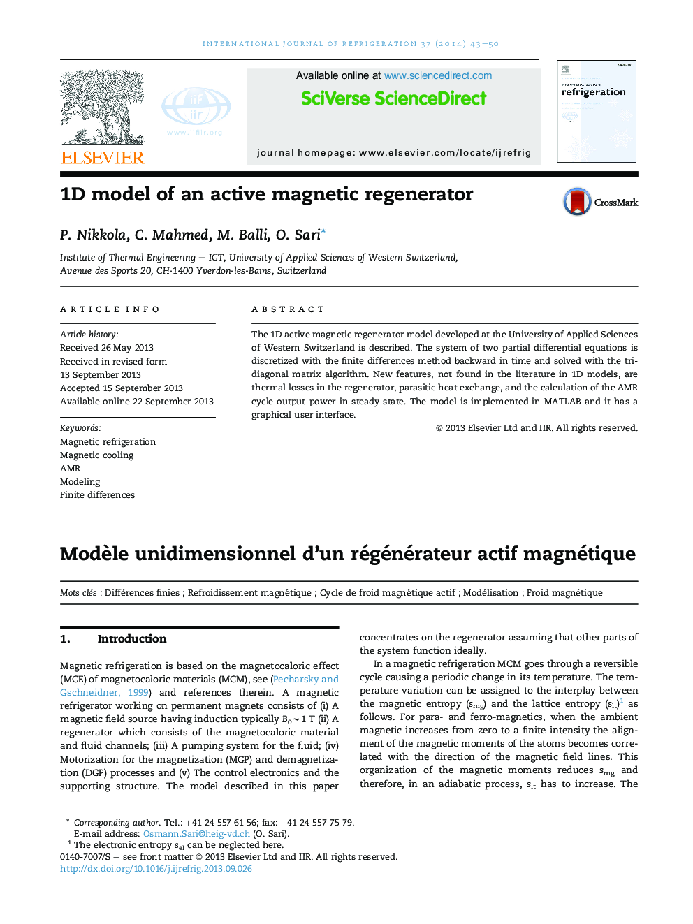 1D model of an active magnetic regenerator