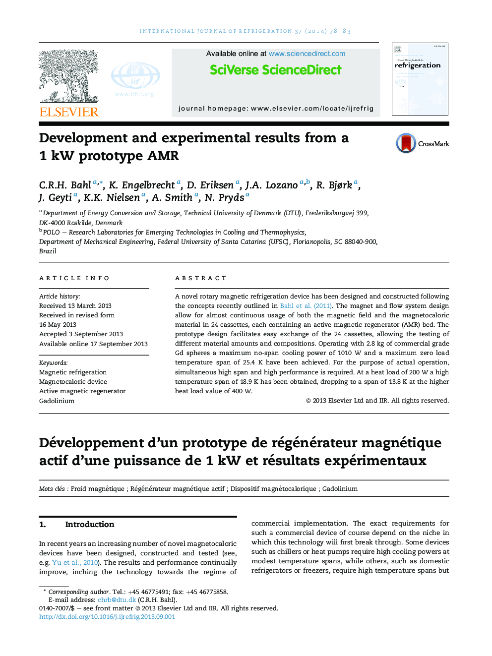 Development and experimental results from a 1 kW prototype AMR