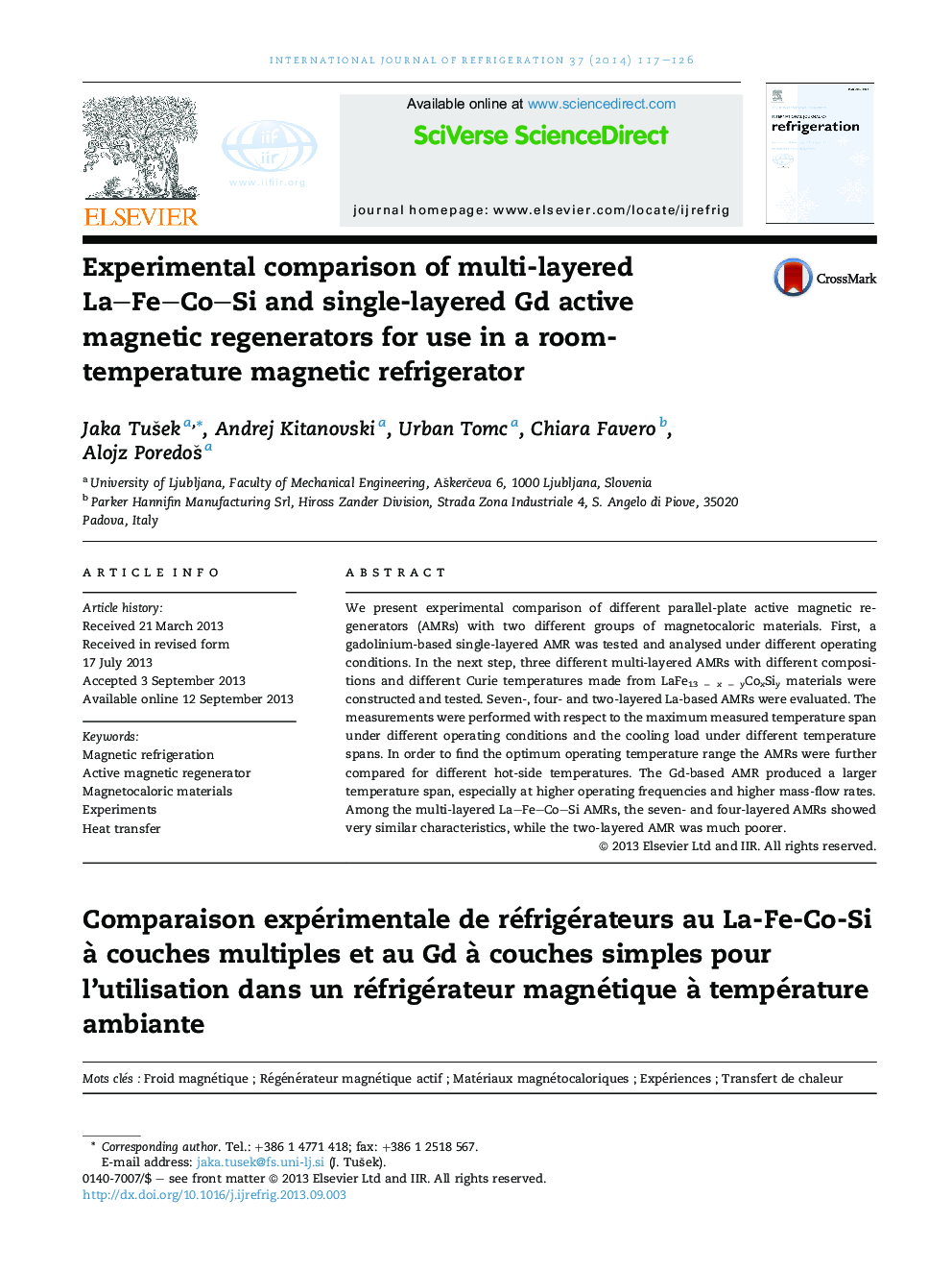 Experimental comparison of multi-layered La–Fe–Co–Si and single-layered Gd active magnetic regenerators for use in a room-temperature magnetic refrigerator