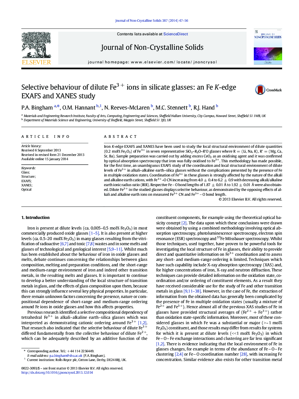 Selective behaviour of dilute Fe3Â + ions in silicate glasses: an Fe K-edge EXAFS and XANES study