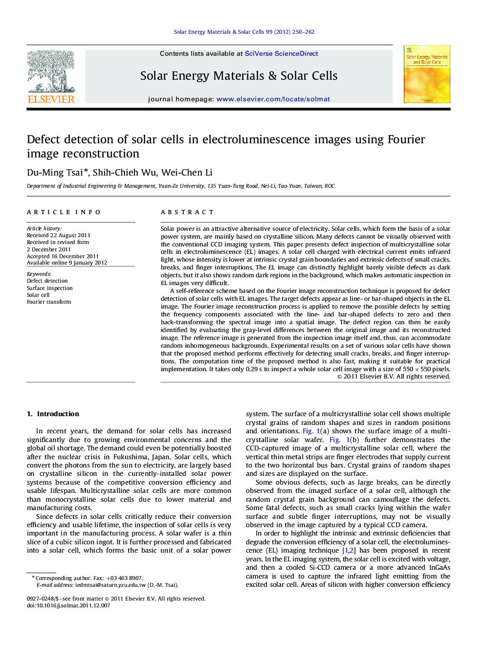 Defect detection of solar cells in electroluminescence images using Fourier image reconstruction