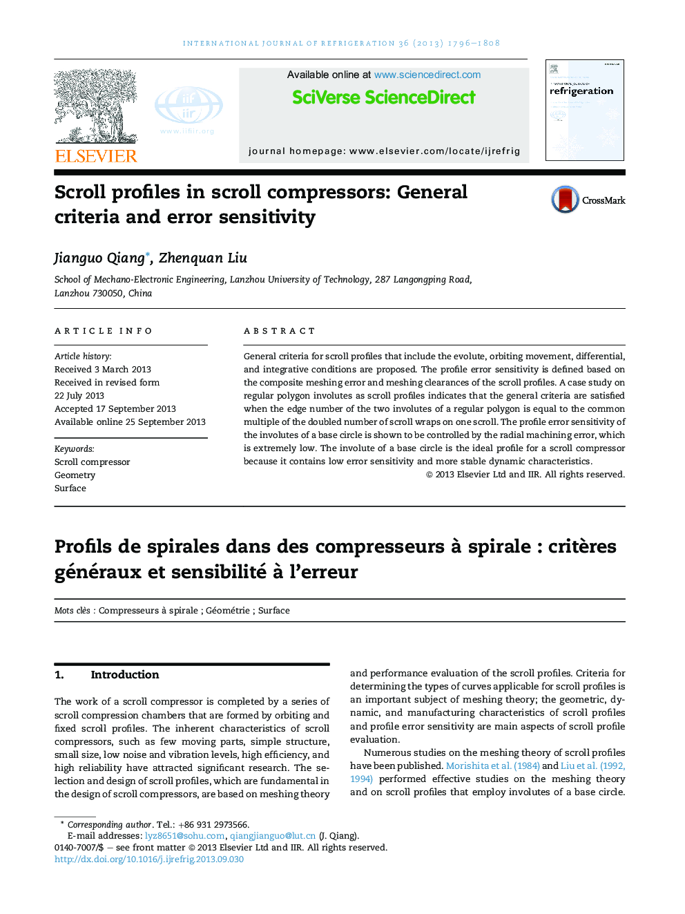 Scroll profiles in scroll compressors: General criteria and error sensitivity