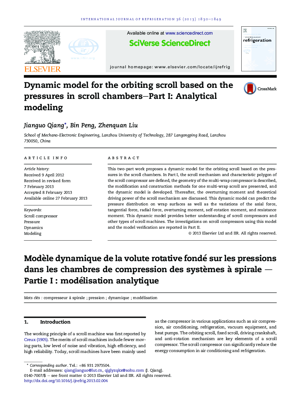 Dynamic model for the orbiting scroll based on the pressures in scroll chambers–Part I: Analytical modeling