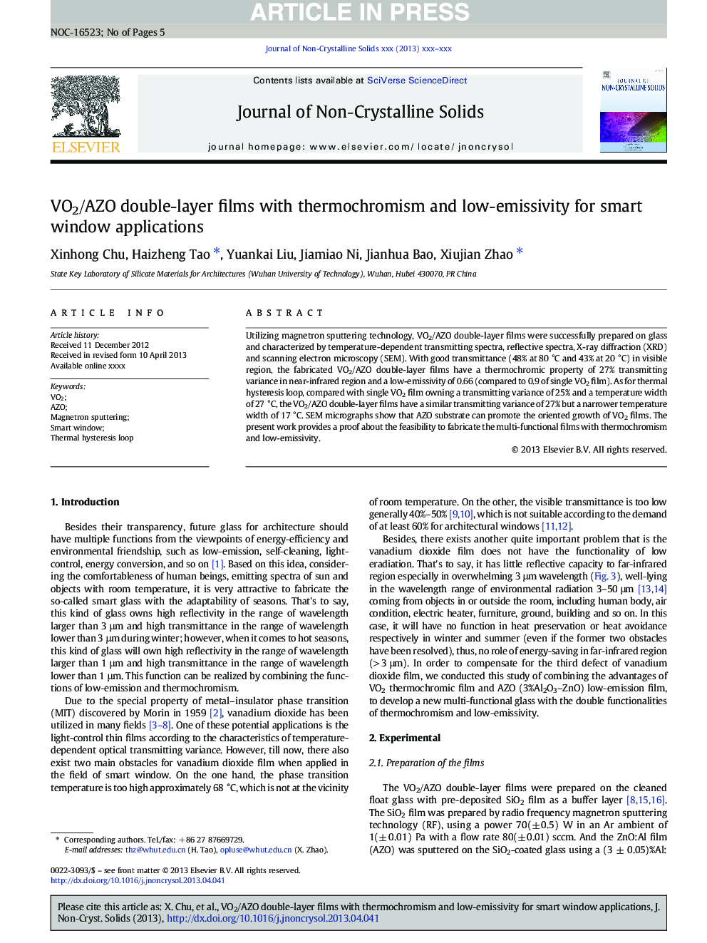 VO2/AZO double-layer films with thermochromism and low-emissivity for smart window applications