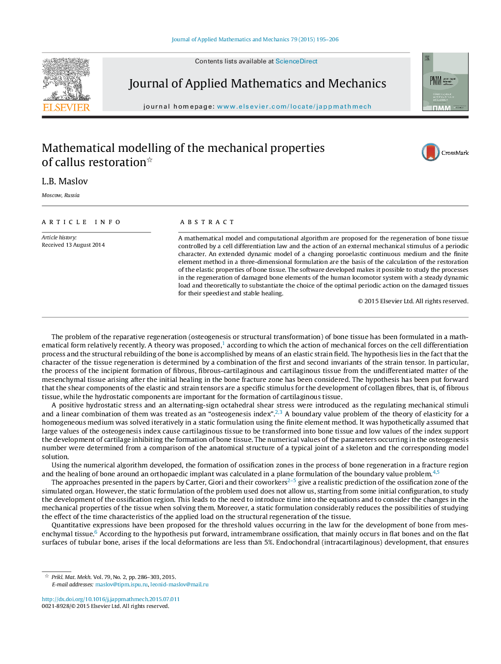 Mathematical modelling of the mechanical properties of callus restoration 