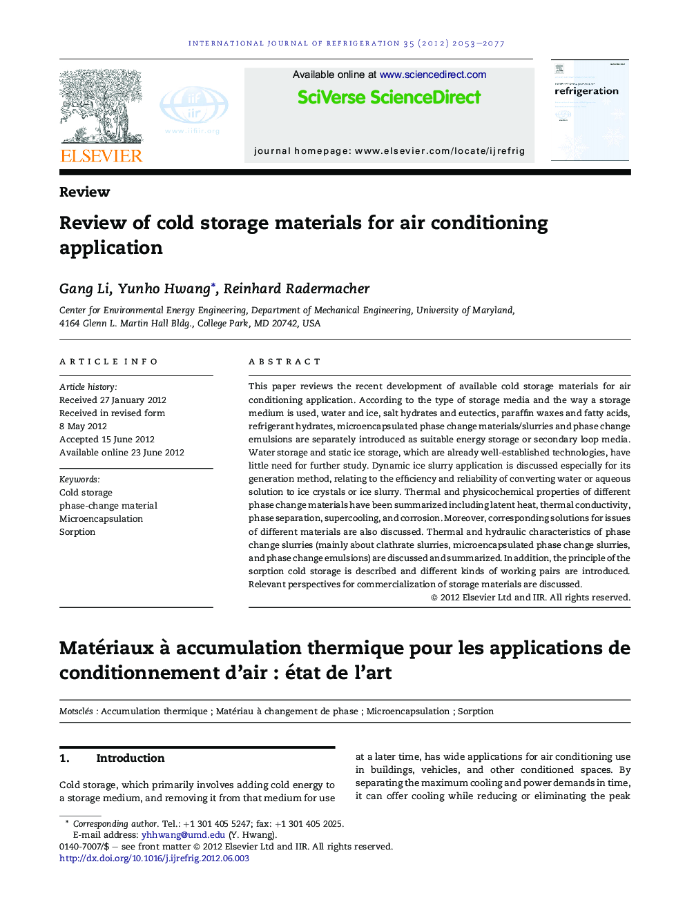 Review of cold storage materials for air conditioning application