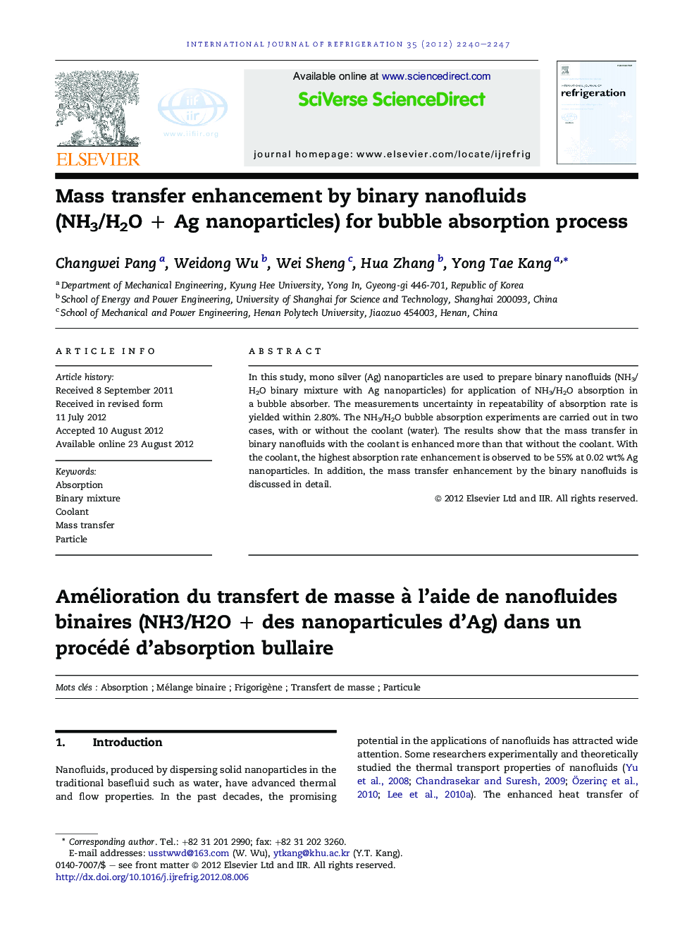 Mass transfer enhancement by binary nanofluids (NH3/H2O + Ag nanoparticles) for bubble absorption process