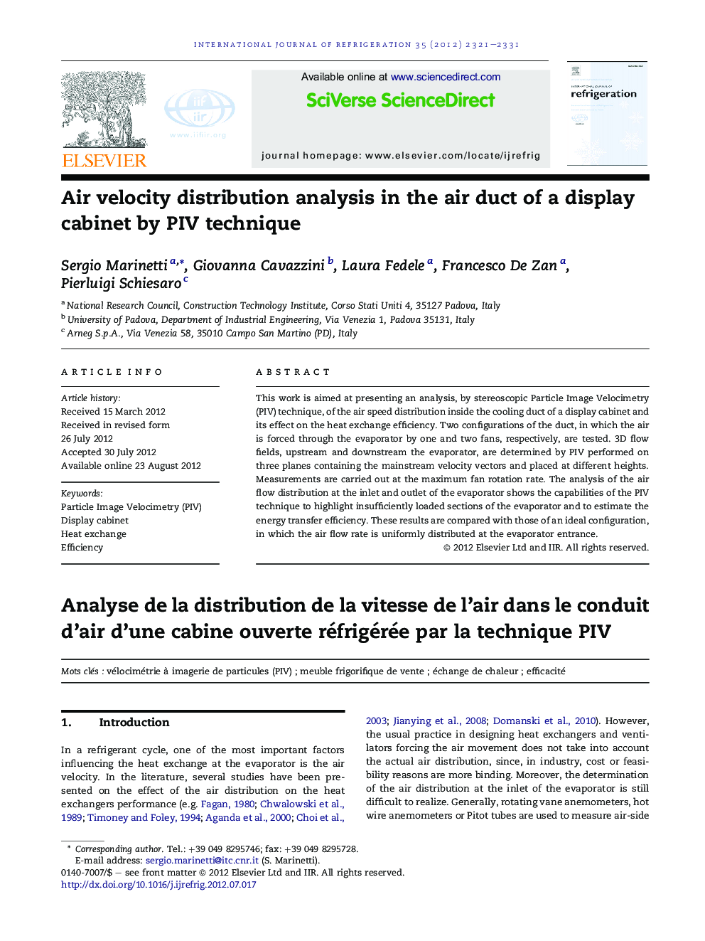 Air velocity distribution analysis in the air duct of a display cabinet by PIV technique