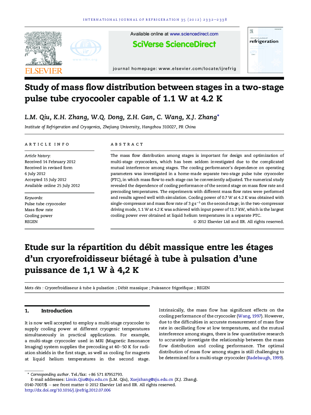 Study of mass flow distribution between stages in a two-stage pulse tube cryocooler capable of 1.1 W at 4.2 K