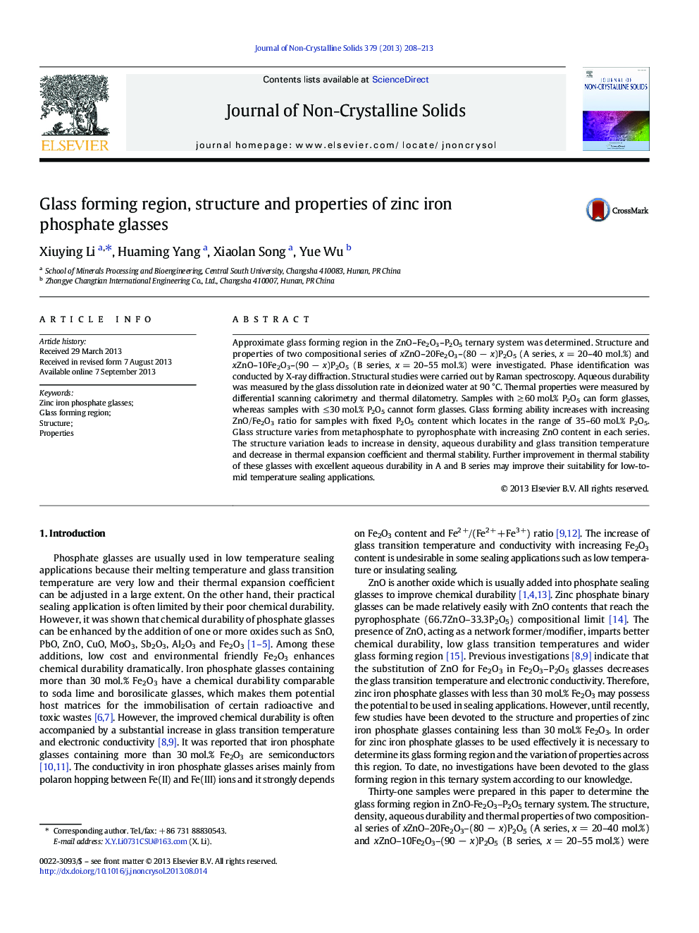 Glass forming region, structure and properties of zinc iron phosphate glasses