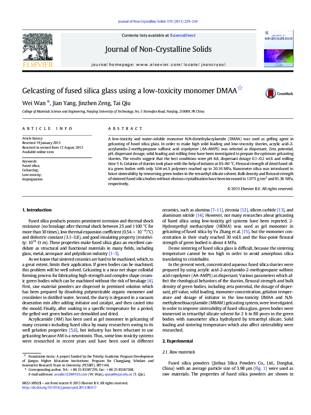 Gelcasting of fused silica glass using a low-toxicity monomer DMAA