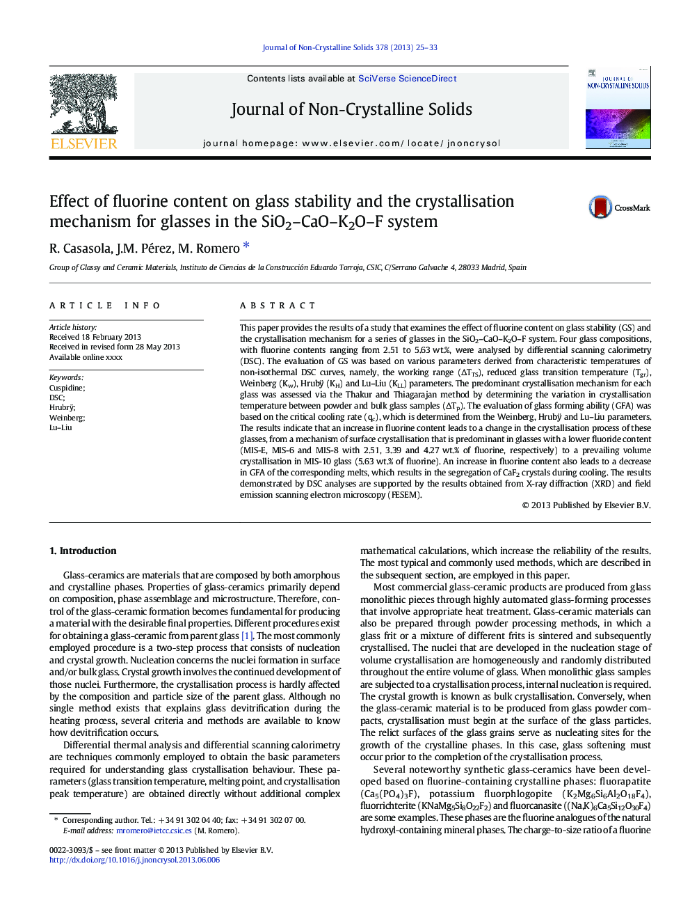 Effect of fluorine content on glass stability and the crystallisation mechanism for glasses in the SiO2-CaO-K2O-F system