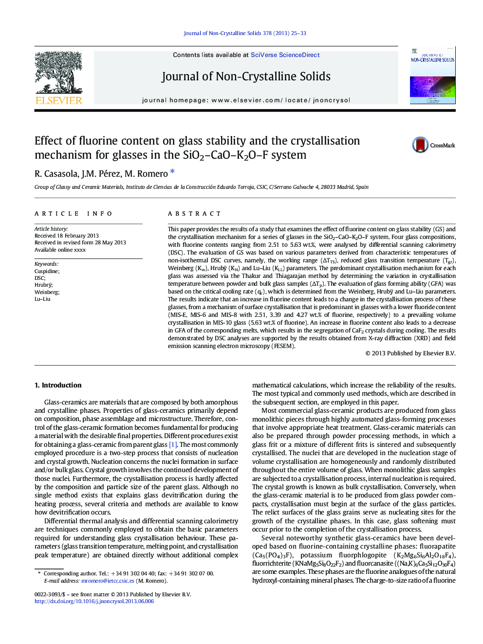 عکس صفحه اول مقاله: Effect of fluorine content on glass stability and the crystallisation mechanism for glasses in the SiO2-CaO-K2O-F system Effect of fluorine content on glass stability and the crystallisation mechanism for glasses in the SiO2-CaO-K2O-F system