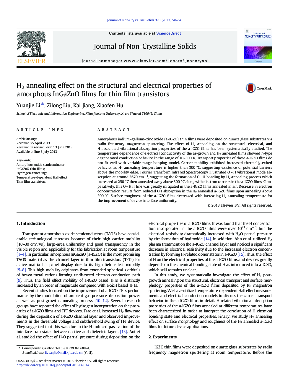 H2 annealing effect on the structural and electrical properties of amorphous InGaZnO films for thin film transistors