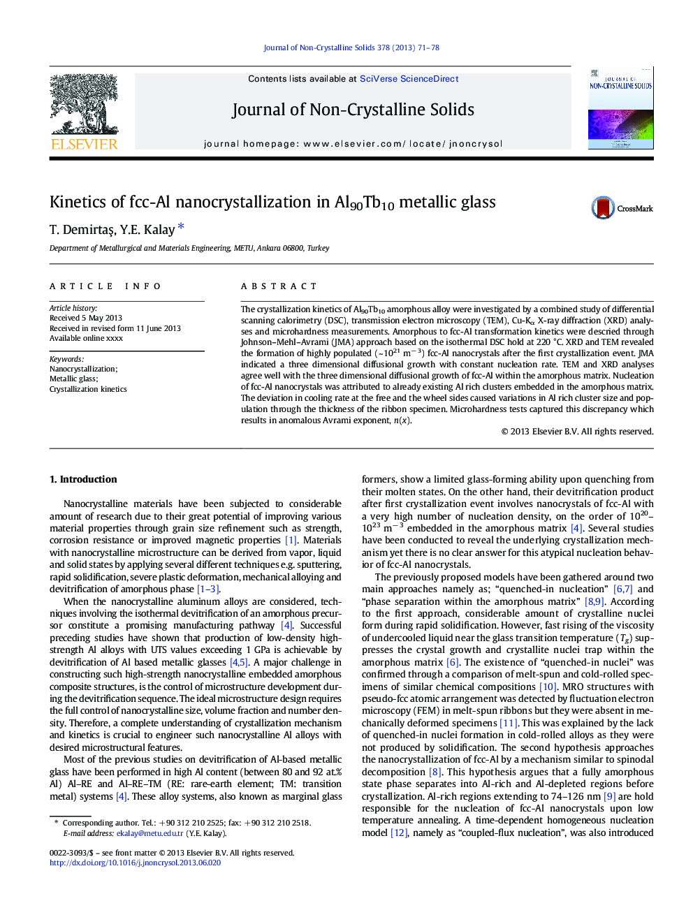 Kinetics of fcc-Al nanocrystallization in Al90Tb10 metallic glass