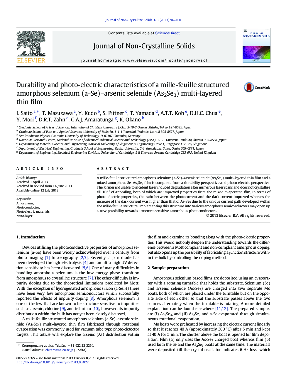 Durability and photo-electric characteristics of a mille-feuille structured amorphous selenium (a-Se)-arsenic selenide (As2Se3) multi-layered thin film