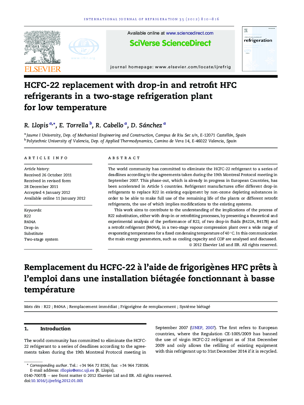 HCFC-22 replacement with drop-in and retrofit HFC refrigerants in a two-stage refrigeration plant for low temperature