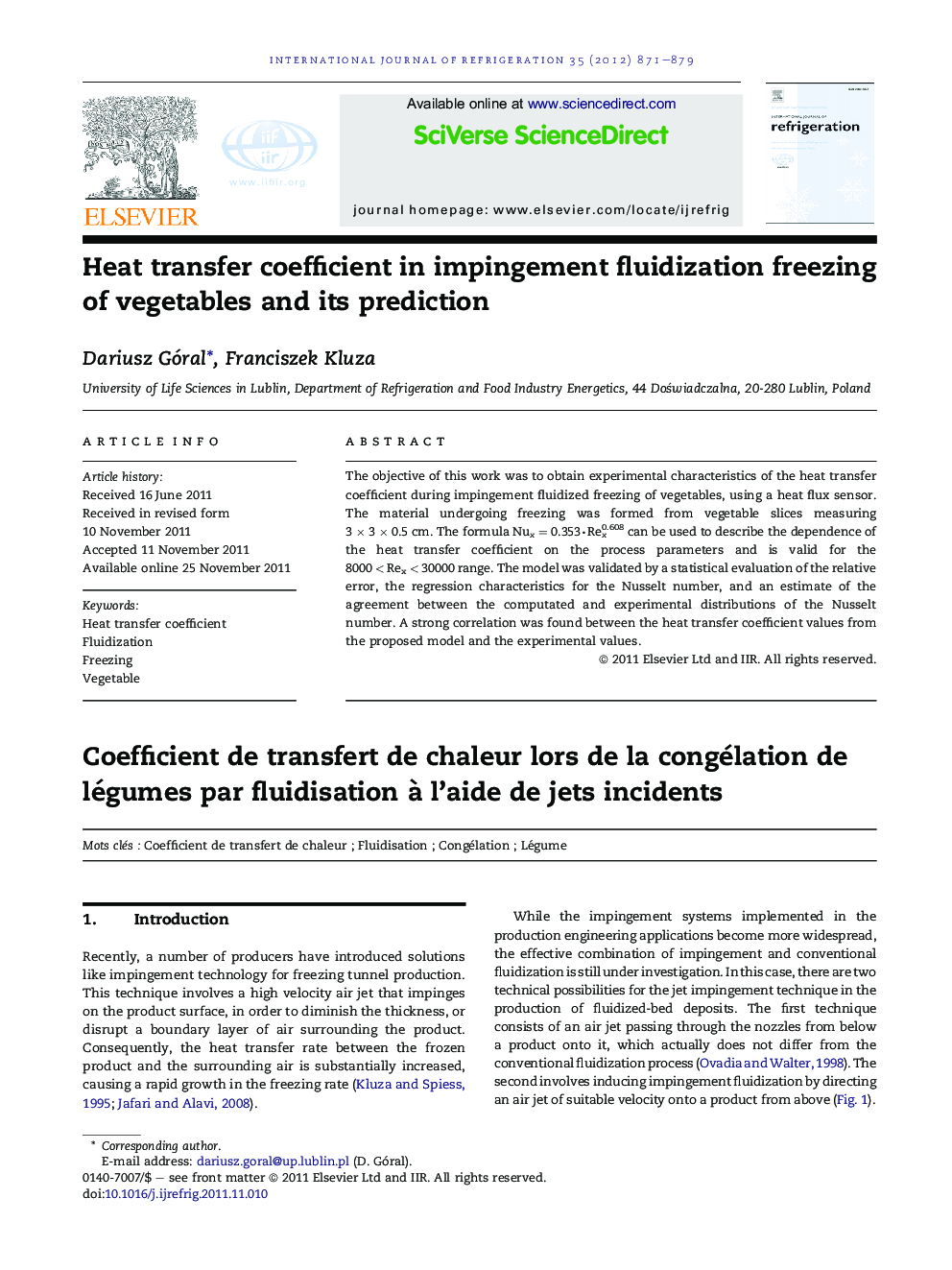 Heat transfer coefficient in impingement fluidization freezing of vegetables and its prediction