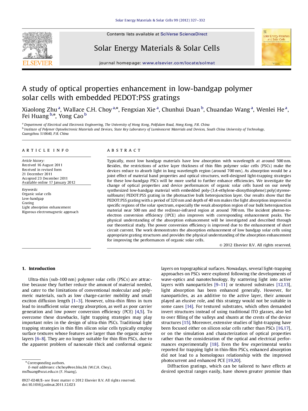 A study of optical properties enhancement in low-bandgap polymer solar cells with embedded PEDOT:PSS gratings