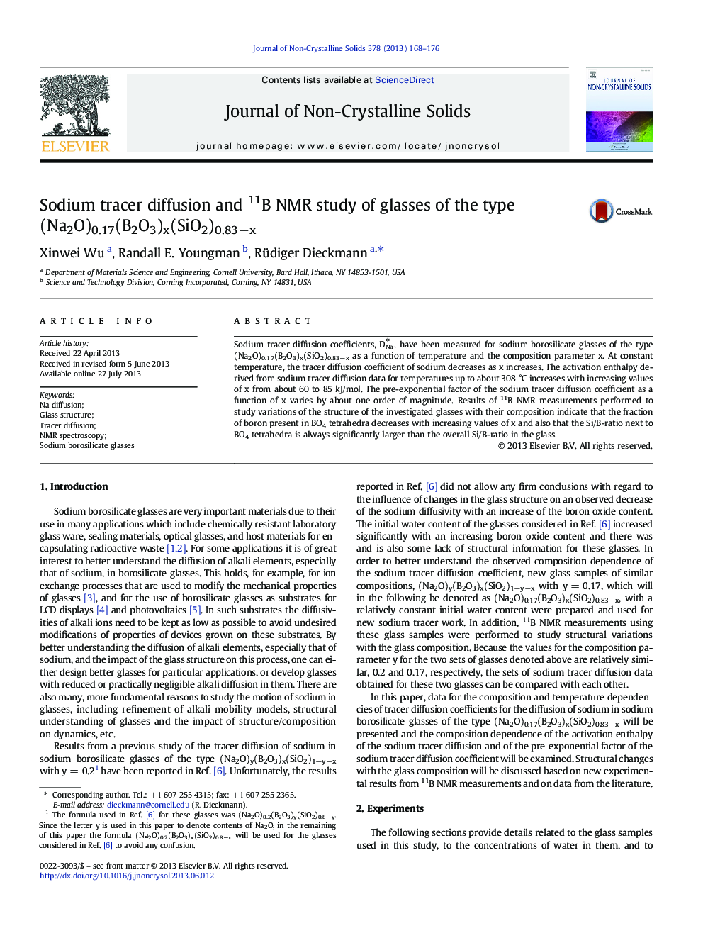 عکس صفحه اول مقاله: Sodium tracer diffusion and 11B NMR study of glasses of the type (Na2O)0.17(B2O3)x(SiO2)0.83âx Sodium tracer diffusion and 11B NMR study of glasses of the type (Na2O)0.17(B2O3)x(SiO2)0.83âx
