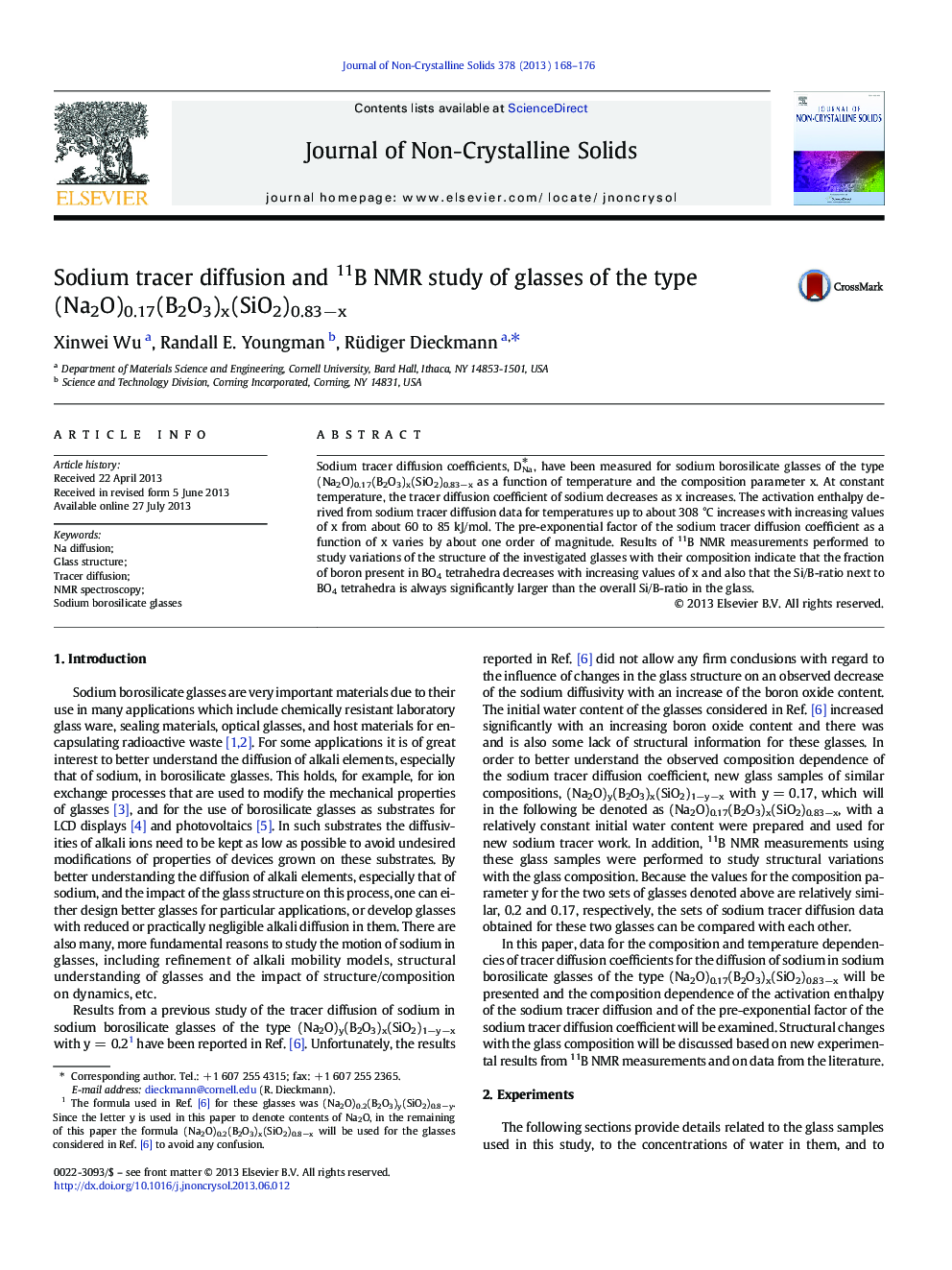 Sodium tracer diffusion and 11B NMR study of glasses of the type (Na2O)0.17(B2O3)x(SiO2)0.83âx