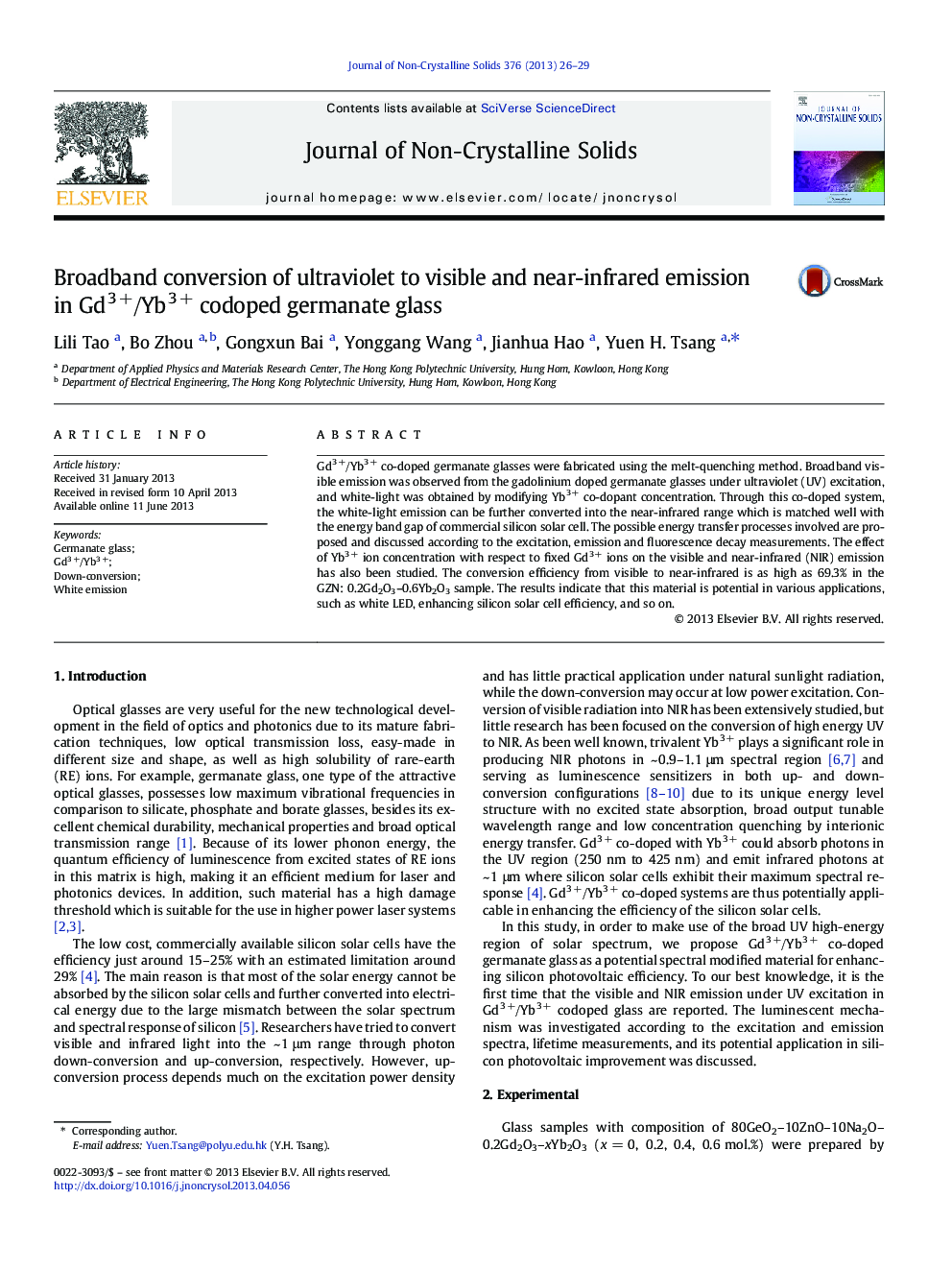 Broadband conversion of ultraviolet to visible and near-infrared emission in Gd3Â +/Yb3Â + codoped germanate glass