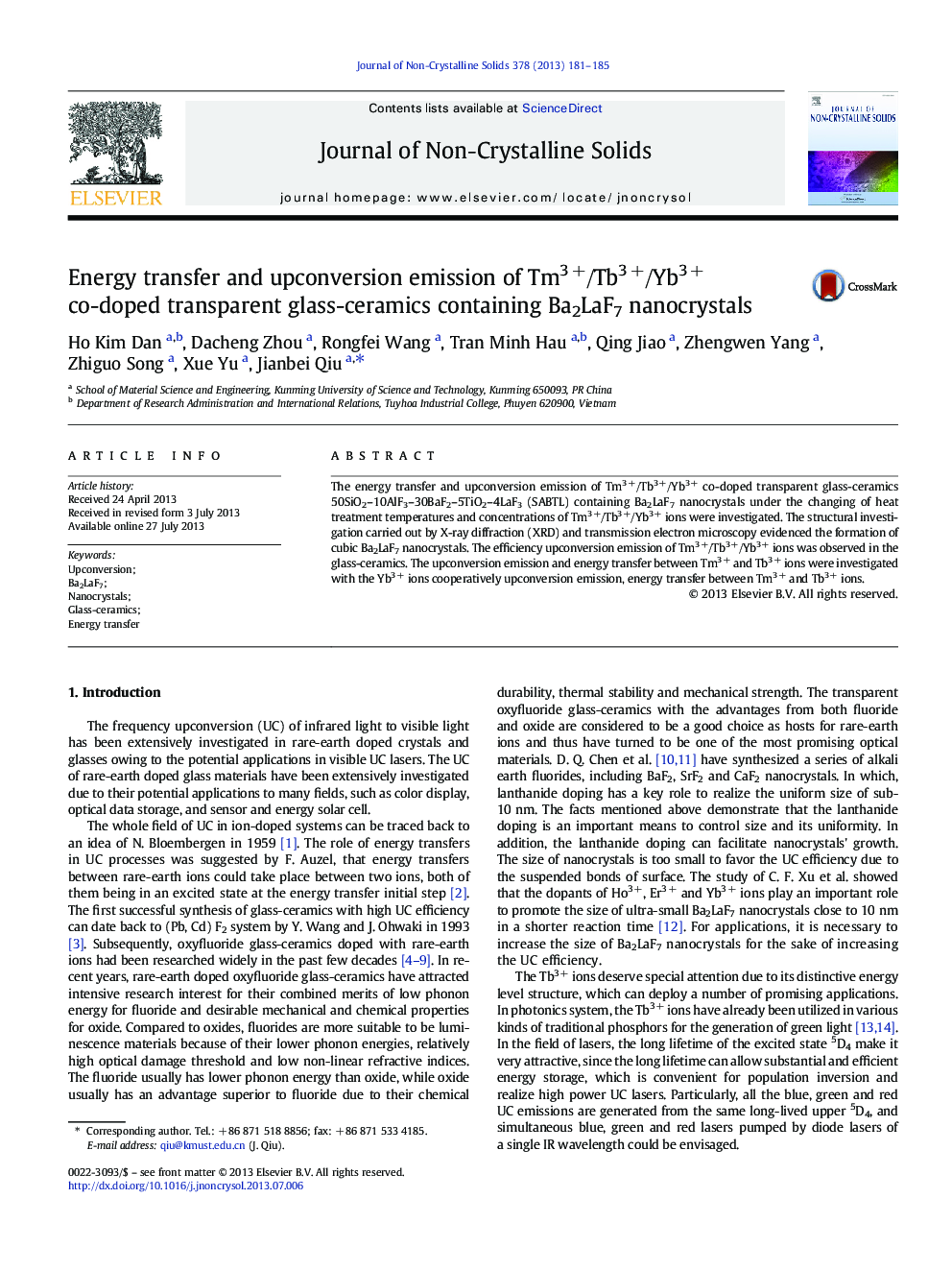 Energy transfer and upconversion emission of Tm3Â +/Tb3Â +/Yb3Â + co-doped transparent glass-ceramics containing Ba2LaF7 nanocrystals