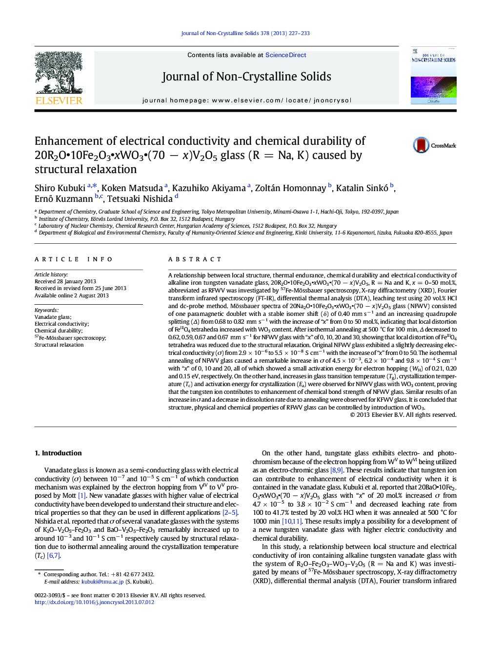 Enhancement of electrical conductivity and chemical durability of 20R2Oâ¢10Fe2O3â¢xWO3â¢(70Â âÂ x)V2O5 glass (RÂ =Â Na, K) caused by structural relaxation