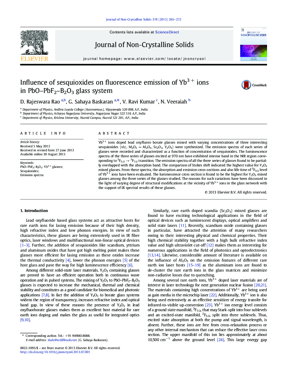 عکس صفحه اول مقاله: Influence of sesquioxides on fluorescence emission of Yb3Â + ions in PbO-PbF2-B2O3 glass system Influence of sesquioxides on fluorescence emission of Yb3Â + ions in PbO-PbF2-B2O3 glass system